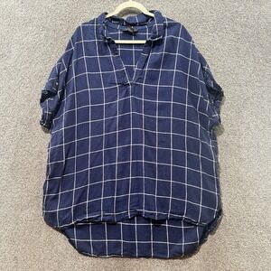 Tahari Blouse Top Women 2X Blue Linen Blend Windowpane Plaid V-Neck Tunic
